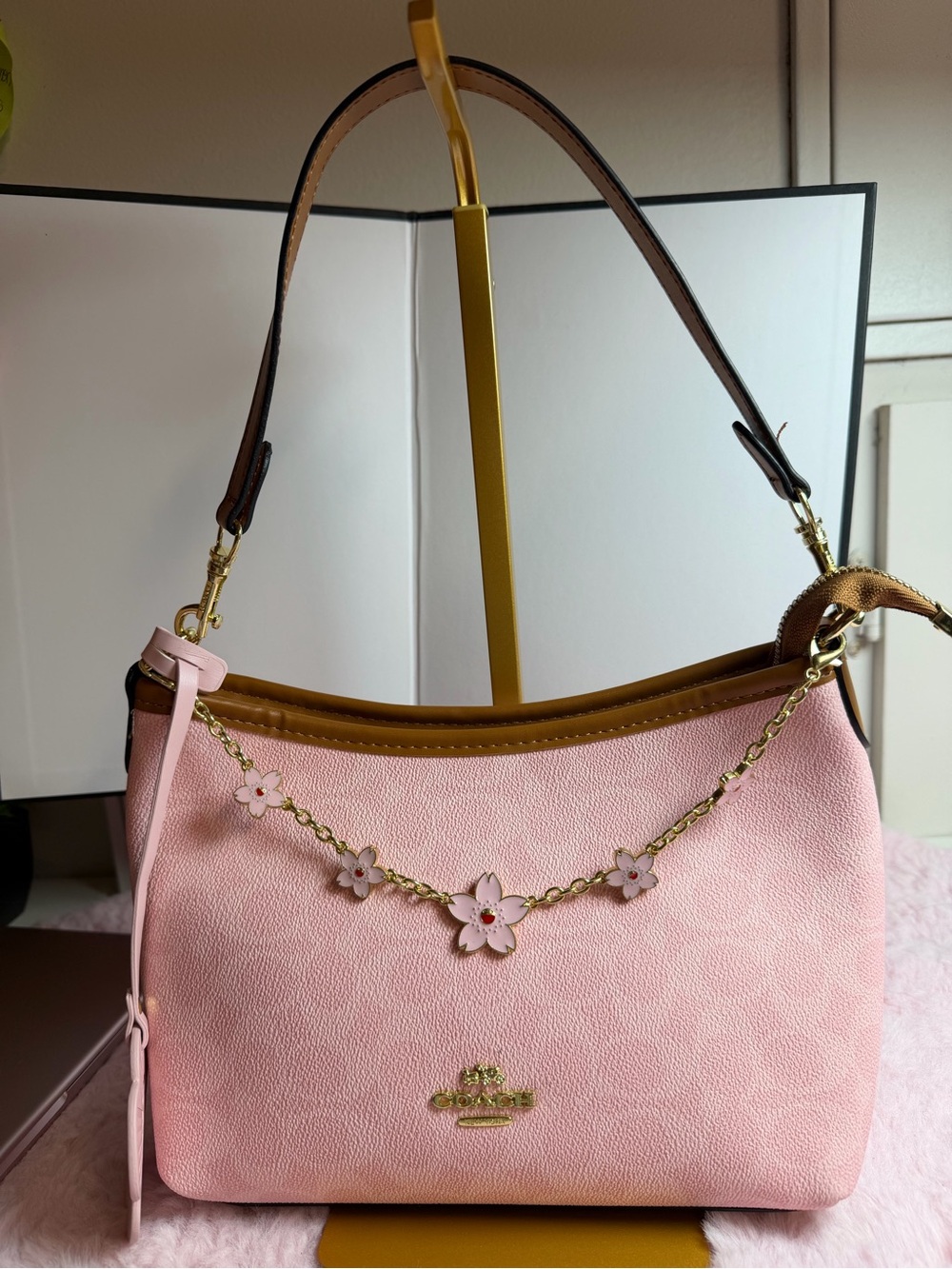 Coach Pink Floral-Chain Leather Shoulder Bag with Brown Trim